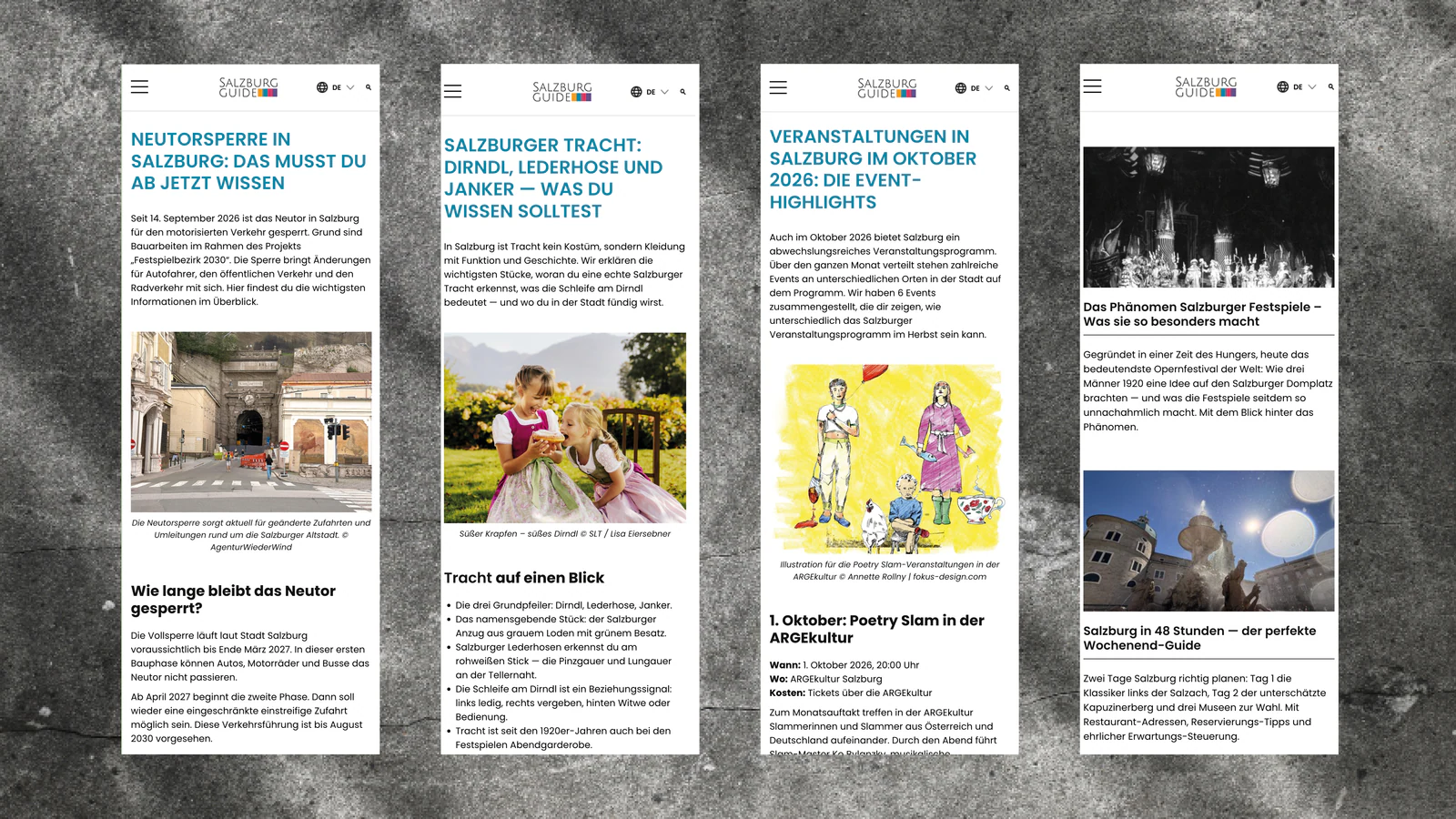 Vier mobile Blogbeiträge des Salzburg Guide zu Stadtleben, Tracht, Veranstaltungen und Kultur